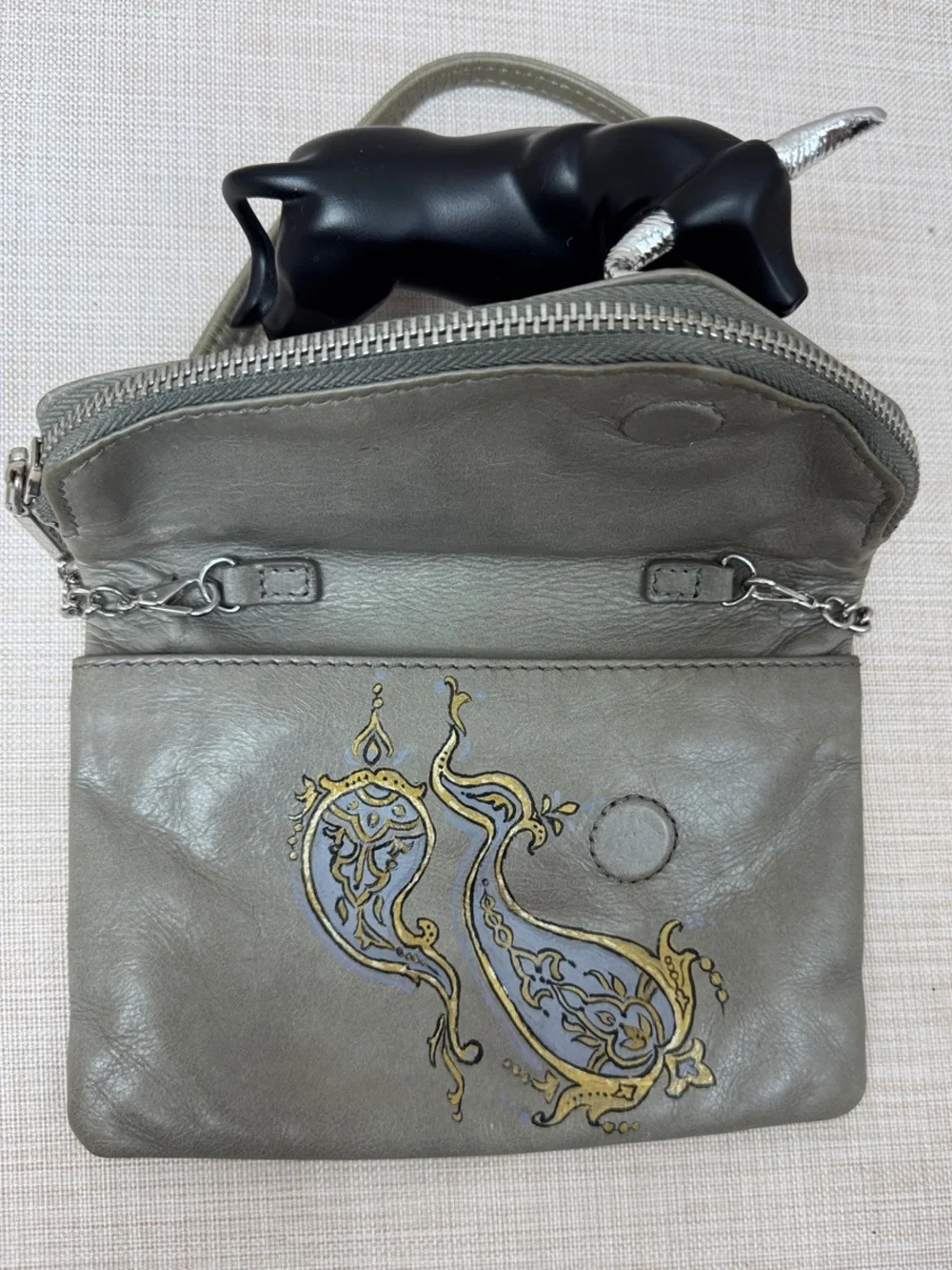 HOBO Gray Leather Crossbody with Decorative Gold and Blue Motif